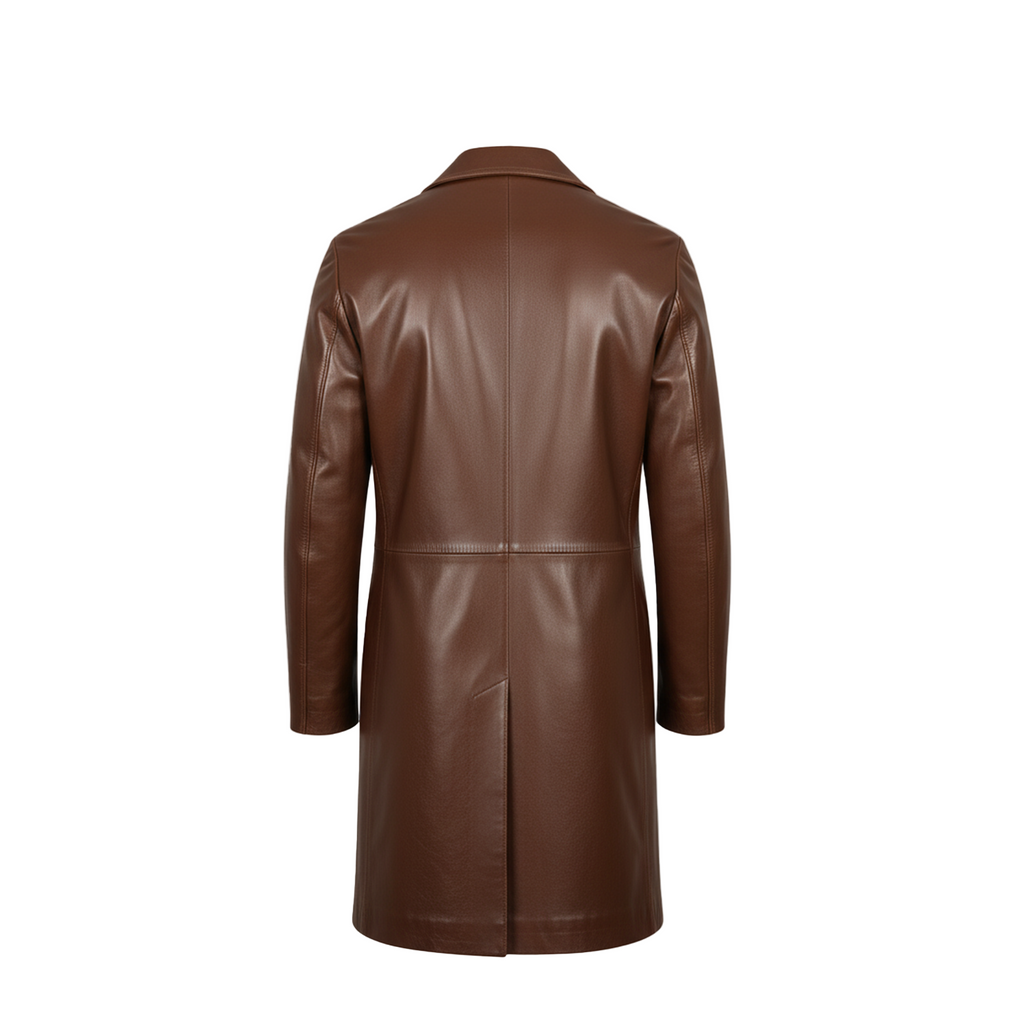 Brown leather coat on a white background with a brand logo.