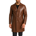 Brown leather coat worn by a person on a white background