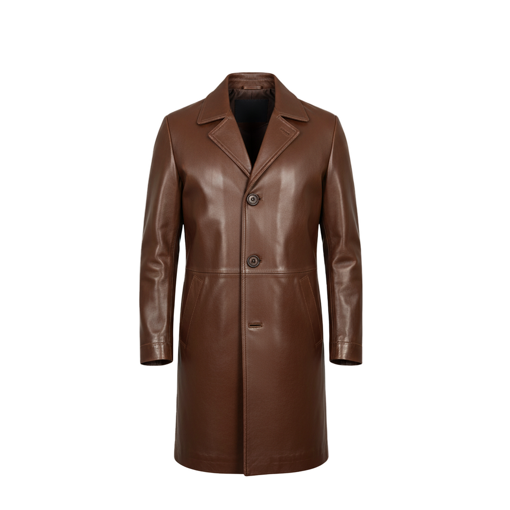 Brown leather coat on a white background with a brand logo.