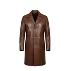Brown leather coat on a white background with a brand logo.