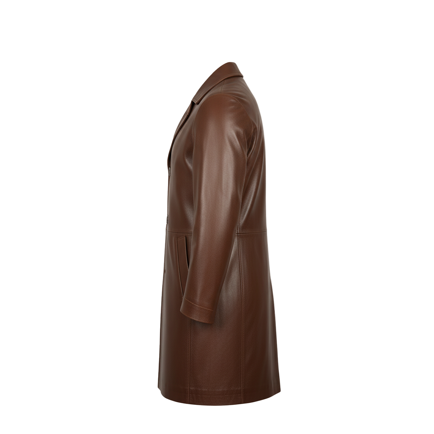 Brown leather coat on a white background with a brand logo.
