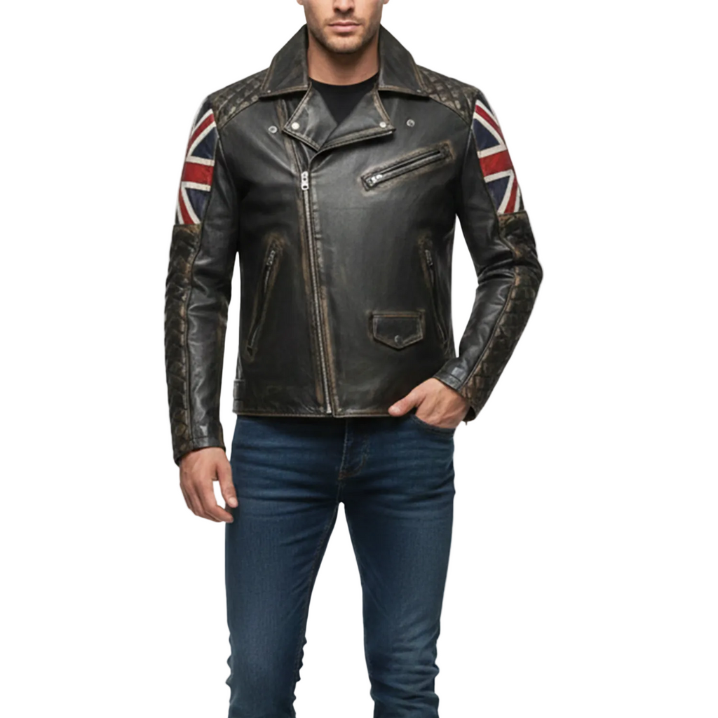 Black leather jacket with Union Jack designs on sleeves, worn by a person on a white background.