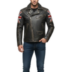 Black leather jacket with Union Jack designs on sleeves, worn by a person on a white background.