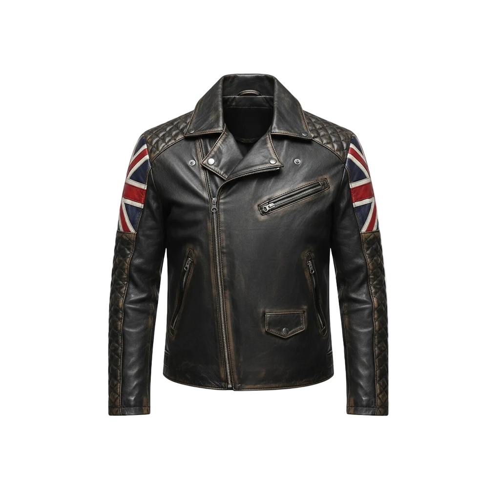 Black leather jacket with Union Jack arm patches on a white background