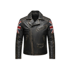 Black leather jacket with Union Jack arm patches on a white background