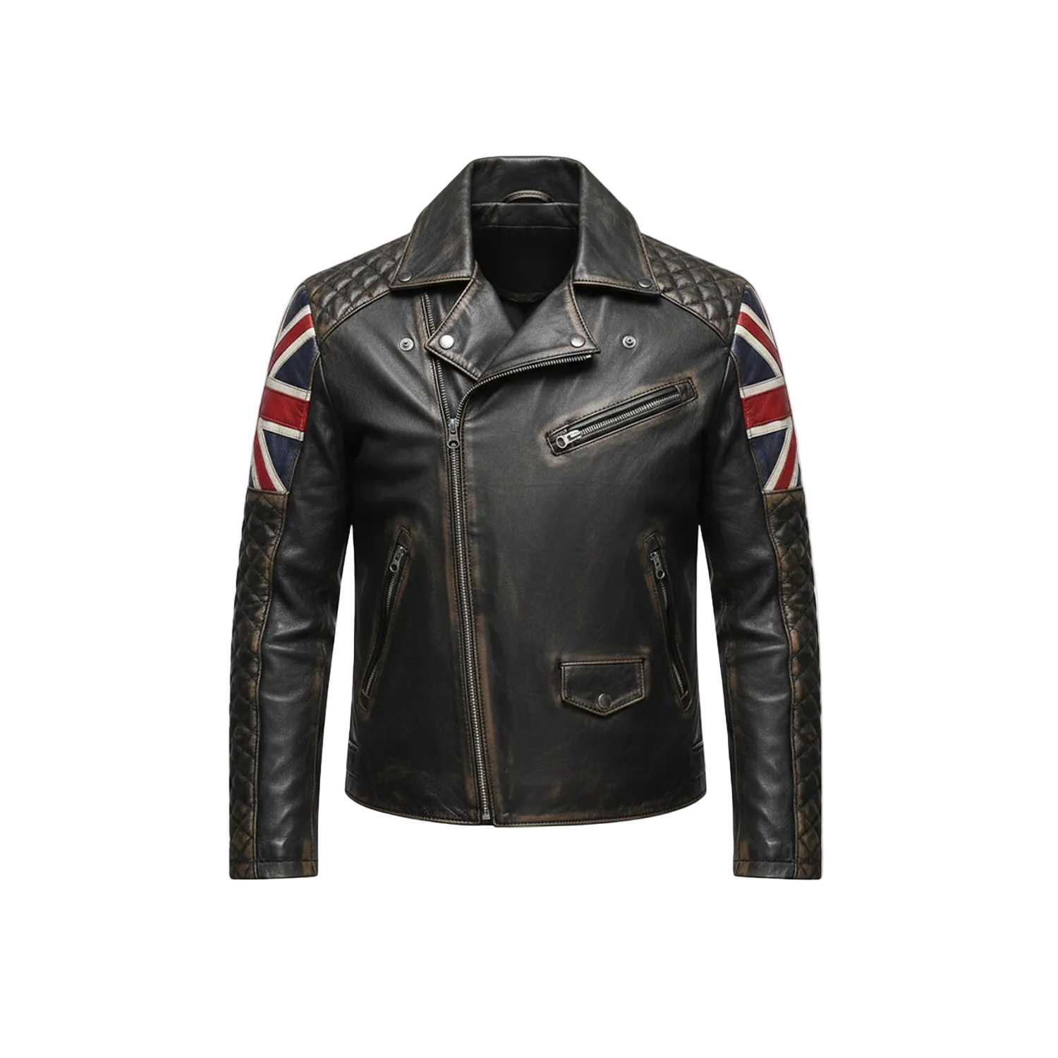 Black leather jacket with Union Jack arm patches on a white background