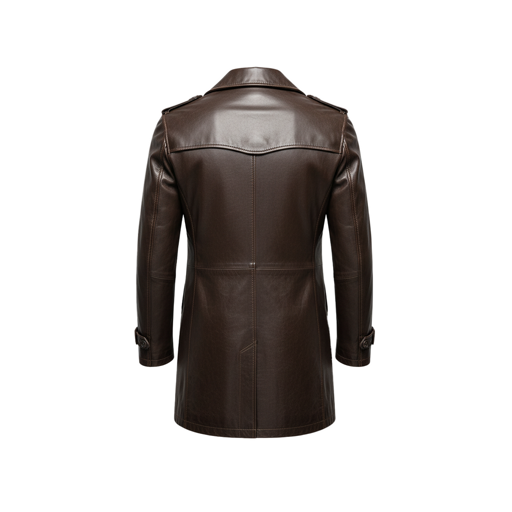 Brown leather coat on a white background with a brand logo.