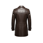 Brown leather coat on a white background with a brand logo.