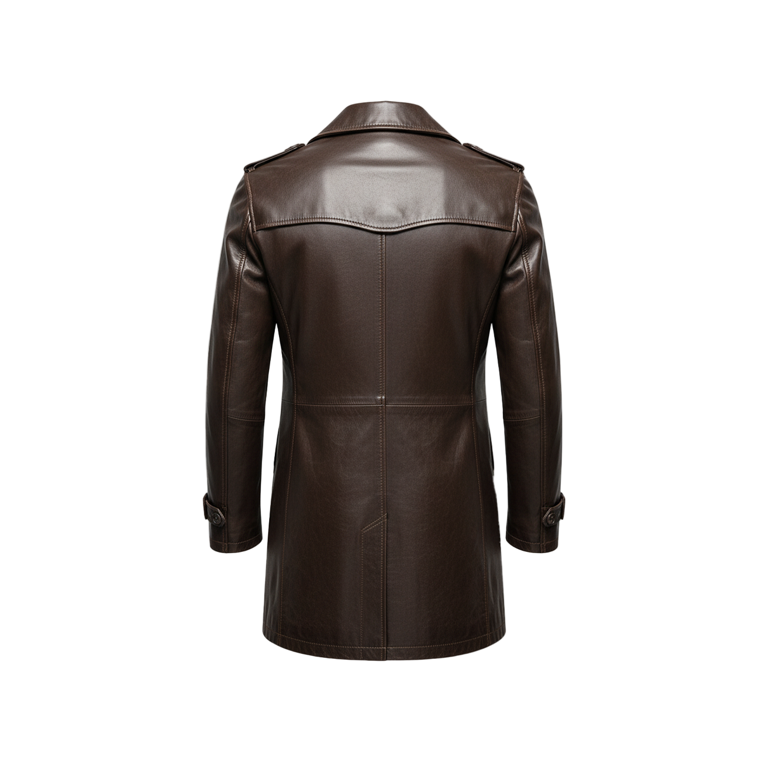 Brown leather coat on a white background with a brand logo.