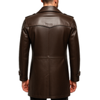 Brown leather coat on a white background with a brand logo.