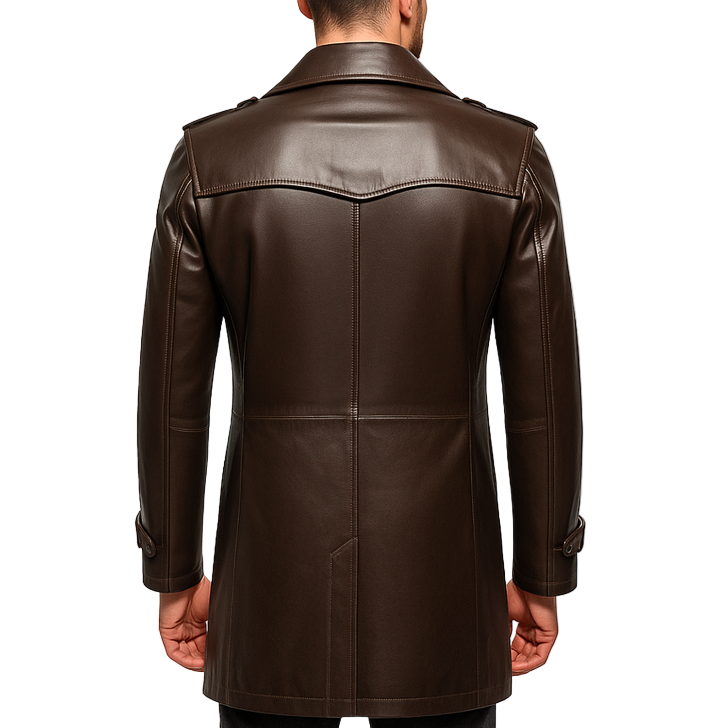 Brown leather coat on a white background with a brand logo.