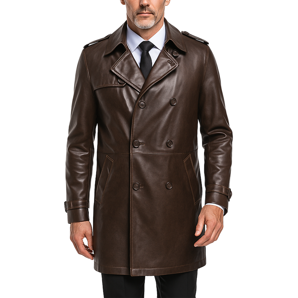 Man wearing a brown leather trench coat on a white background