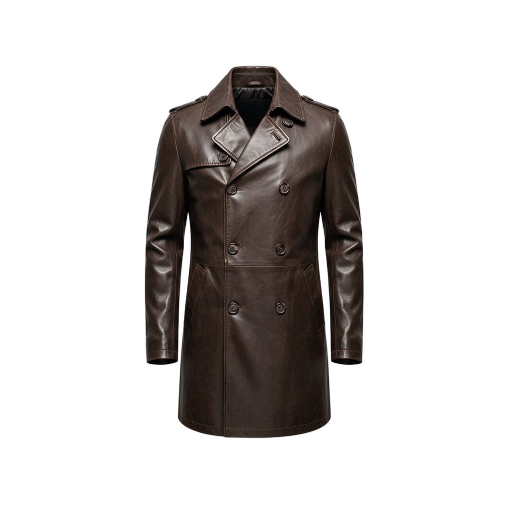 Brown leather coat on a white background with a brand logo.