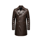 Brown leather coat on a white background with a brand logo.