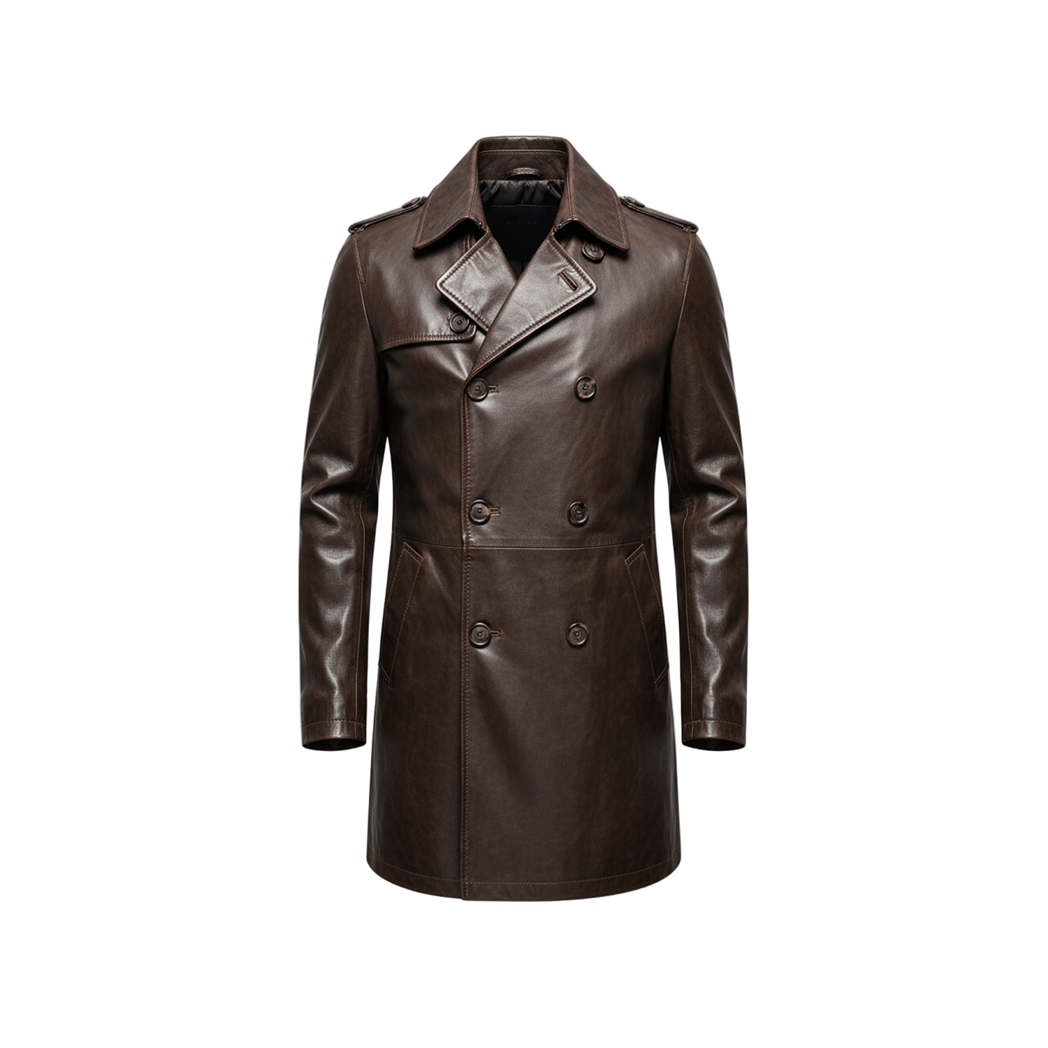Brown leather coat on a white background with a brand logo.