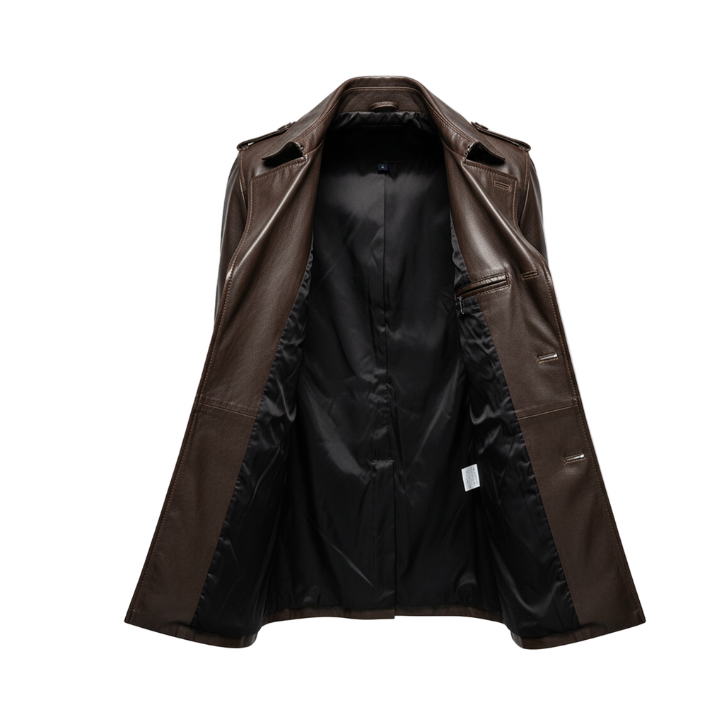Brown leather coat with black lining on a white background