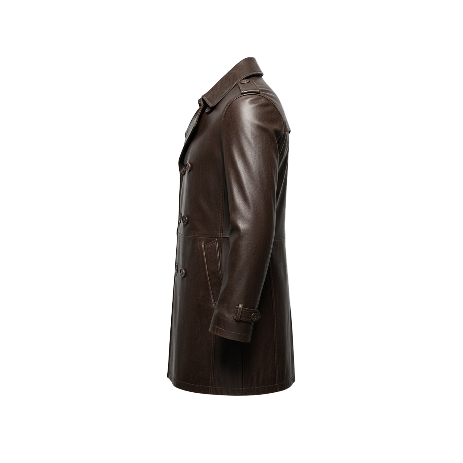 Brown leather coat on a white background with a brand logo.