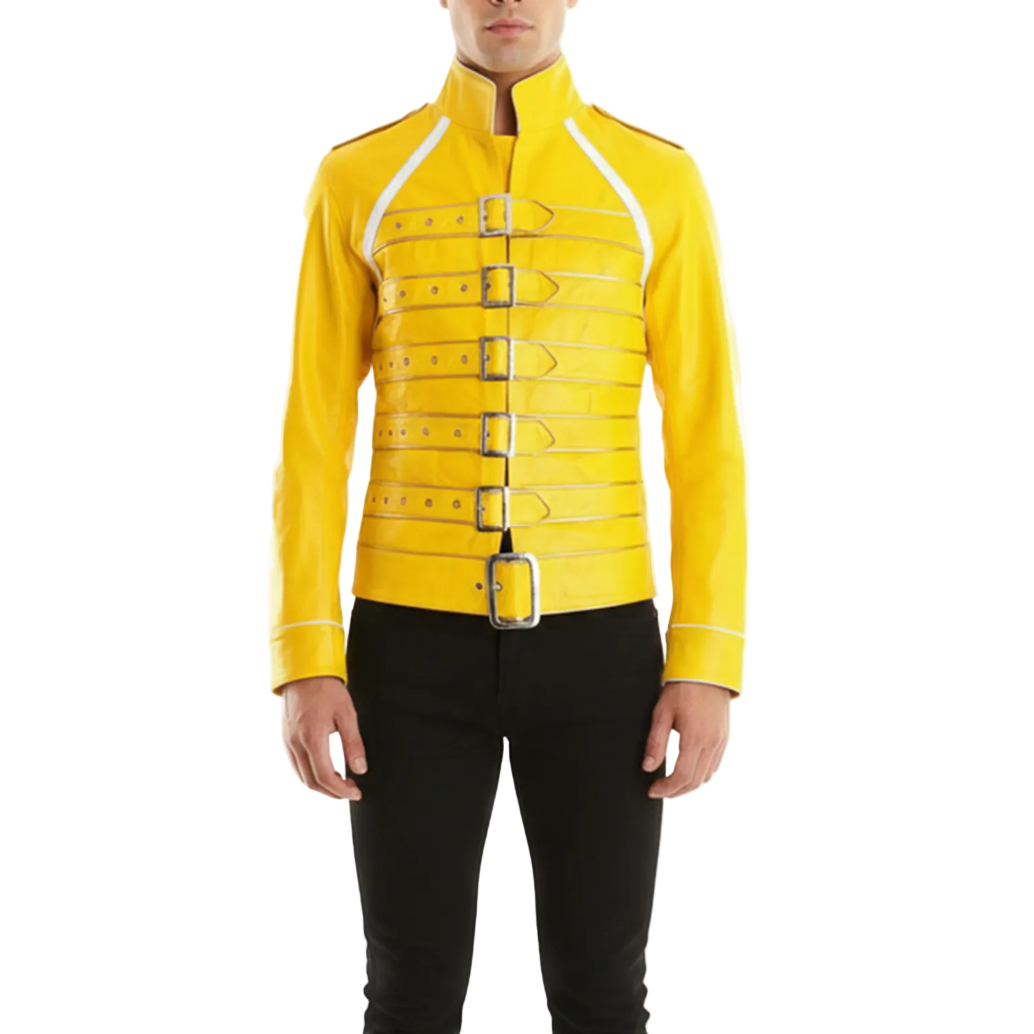 Men's Yellow Leather Jacket Biker Style Belted Coat