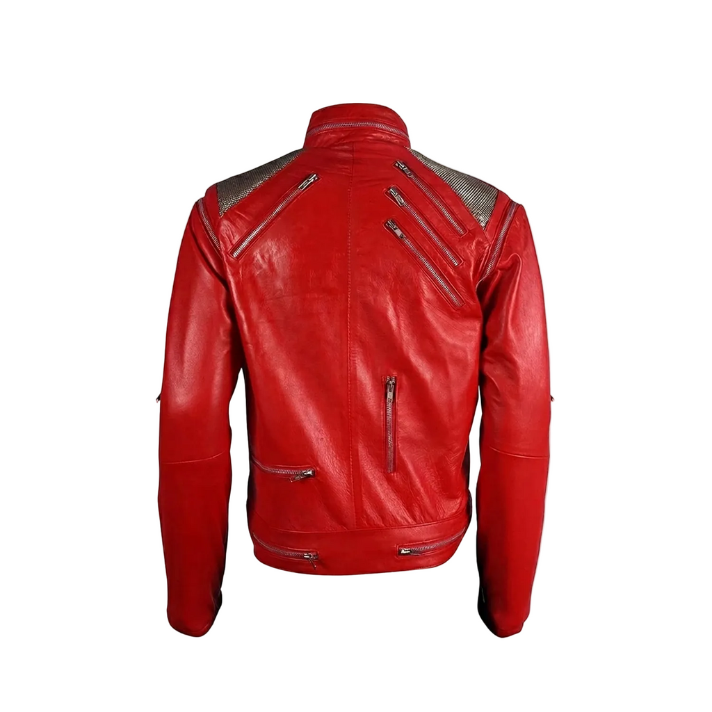Red leather jacket with silver zippers on a white background