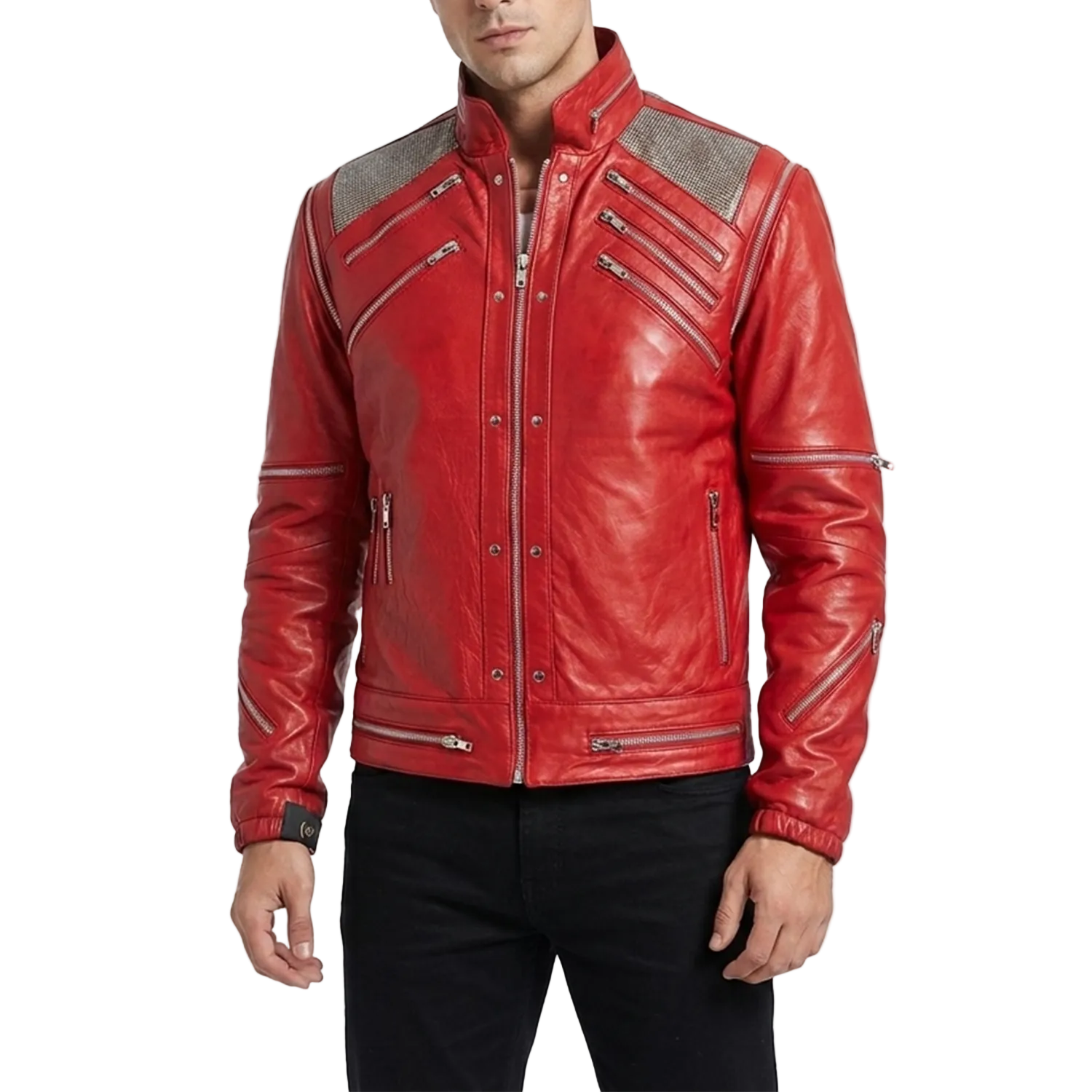 Red leather jacket with silver zippers on a white background