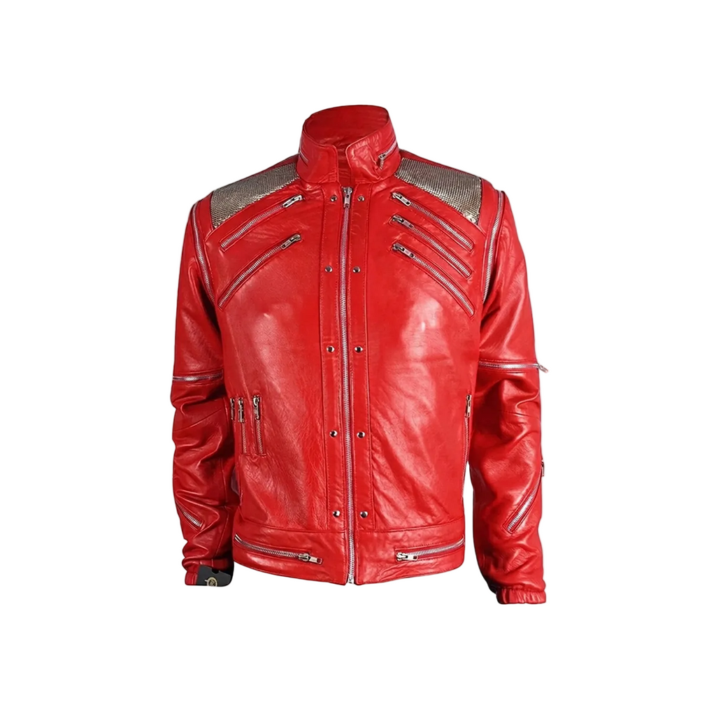 Red leather jacket with silver accents on a white background