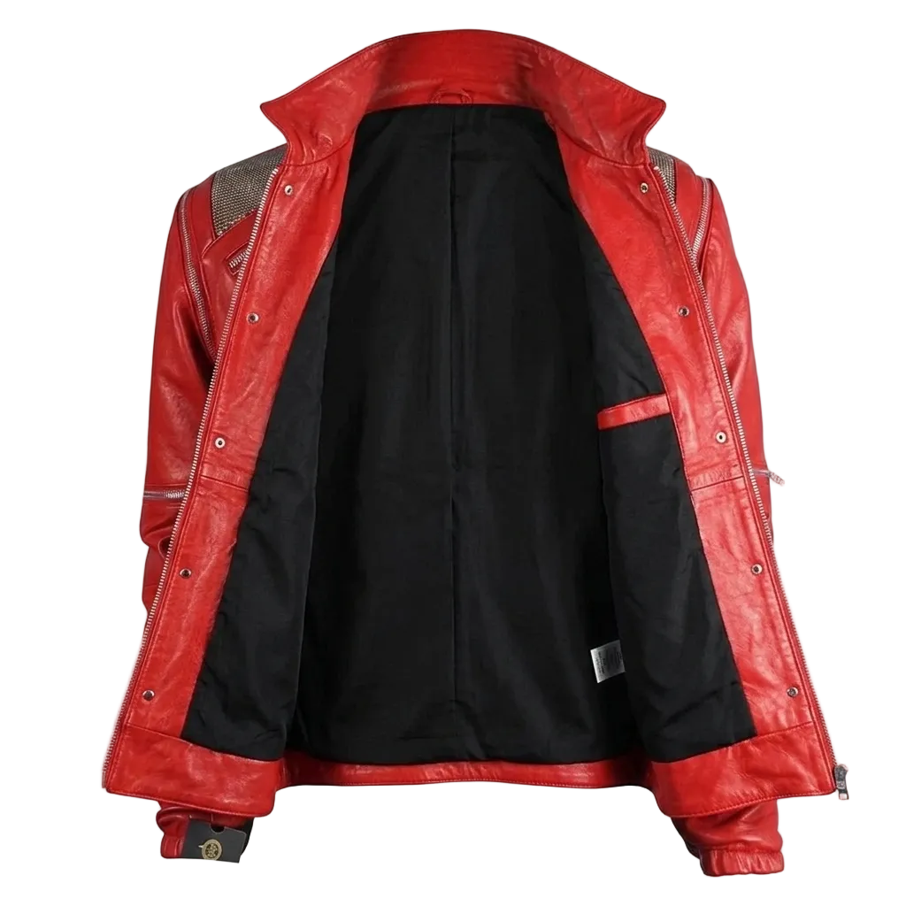 Red leather jacket with black lining on a white background