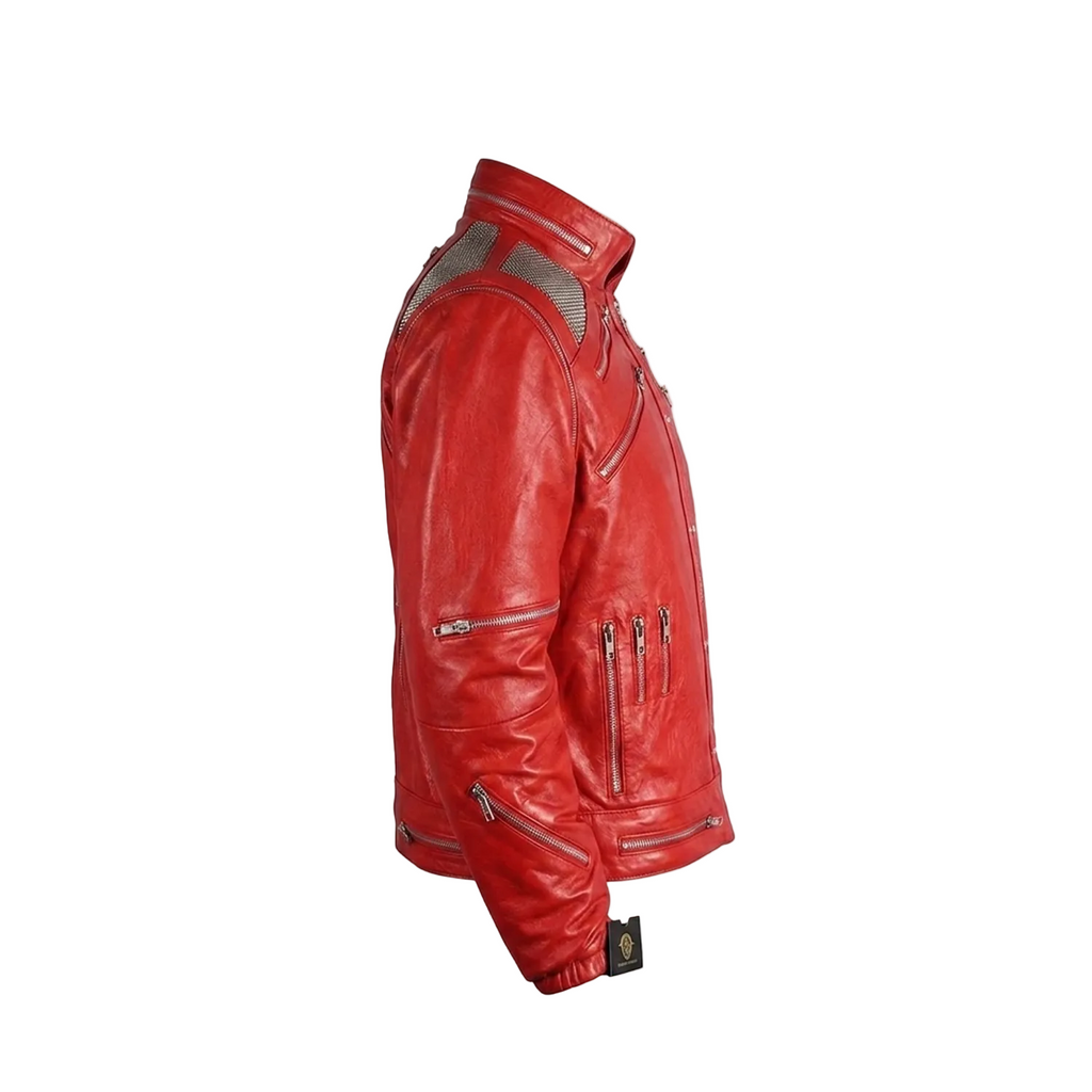 Red leather jacket with silver zippers on a white background, featuring the brand logo.