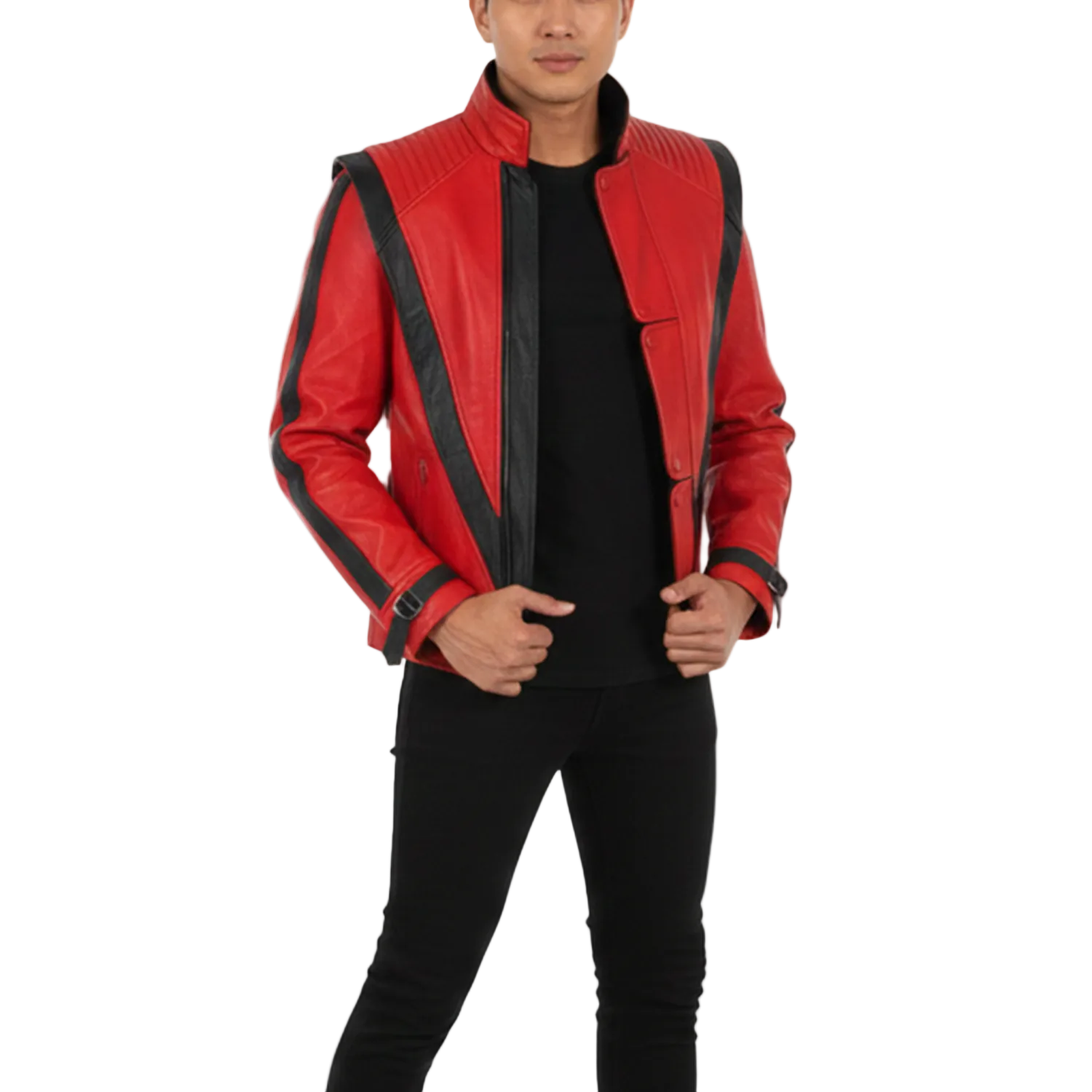 Red jacket with black accents worn by a person on a white background