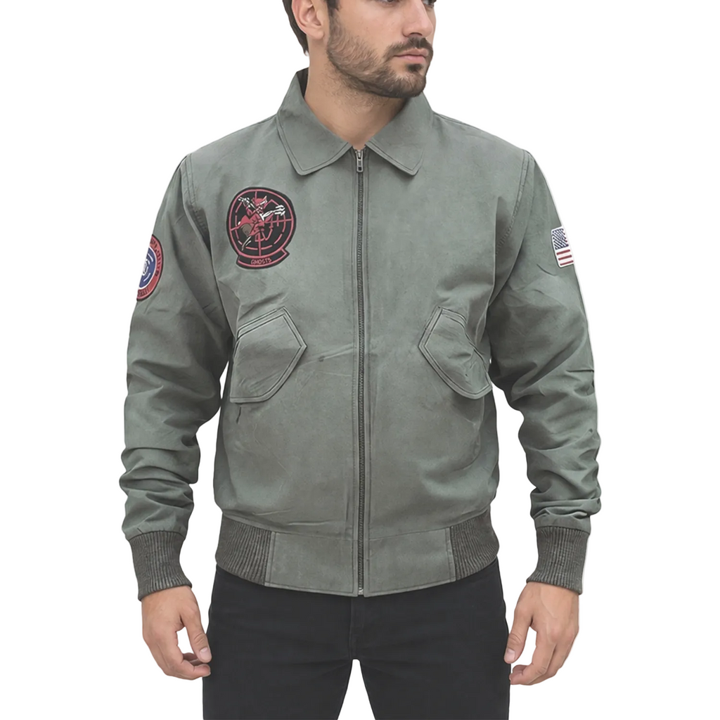 Green bomber jacket with patches on a white background
