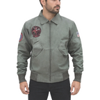 Green bomber jacket with patches on a white background