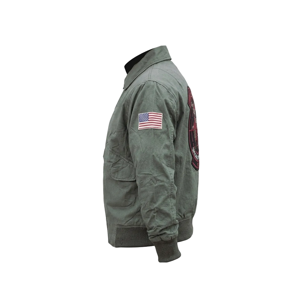 Green bomber jacket with American flag patch on sleeve, brand logo in top left corner.
