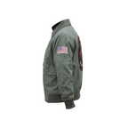 Green bomber jacket with American flag patch on sleeve, brand logo in top left corner.