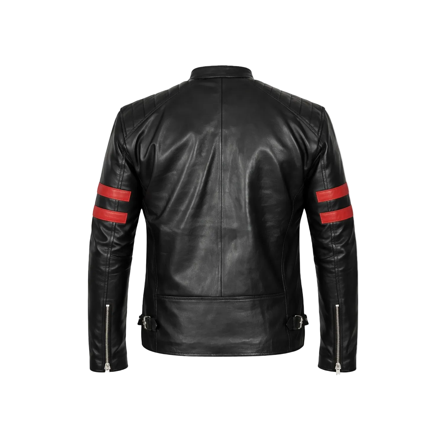 Black leather jacket with red stripes on sleeves on a white background