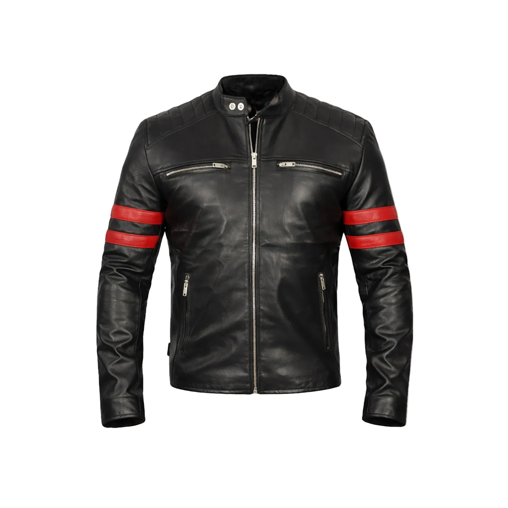 Black leather jacket with red stripes on sleeves on a white background