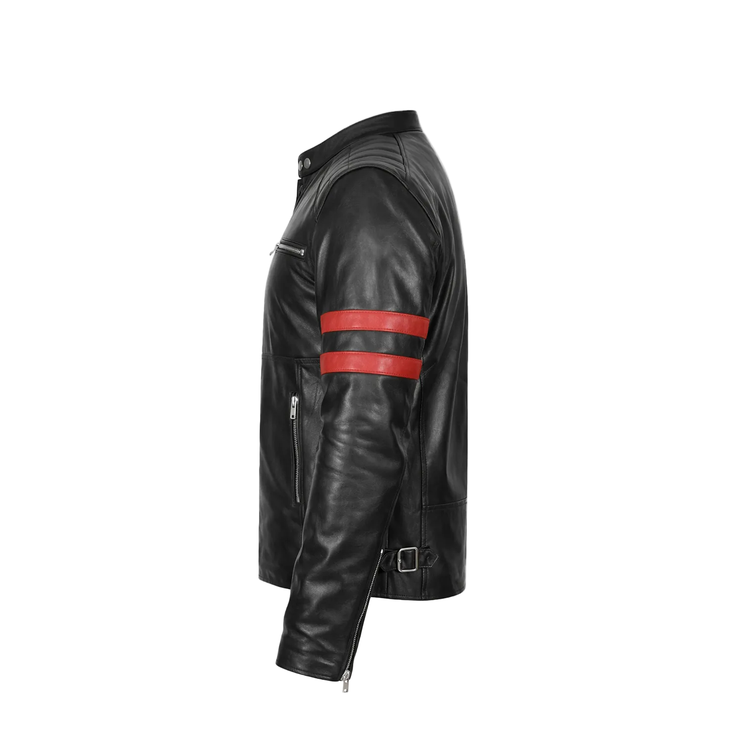 Black leather jacket with red stripes on a white background