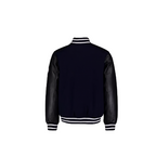 Black varsity jacket with leather sleeves on a white background