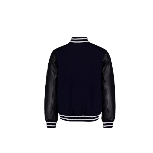 Black varsity jacket with leather sleeves on a white background