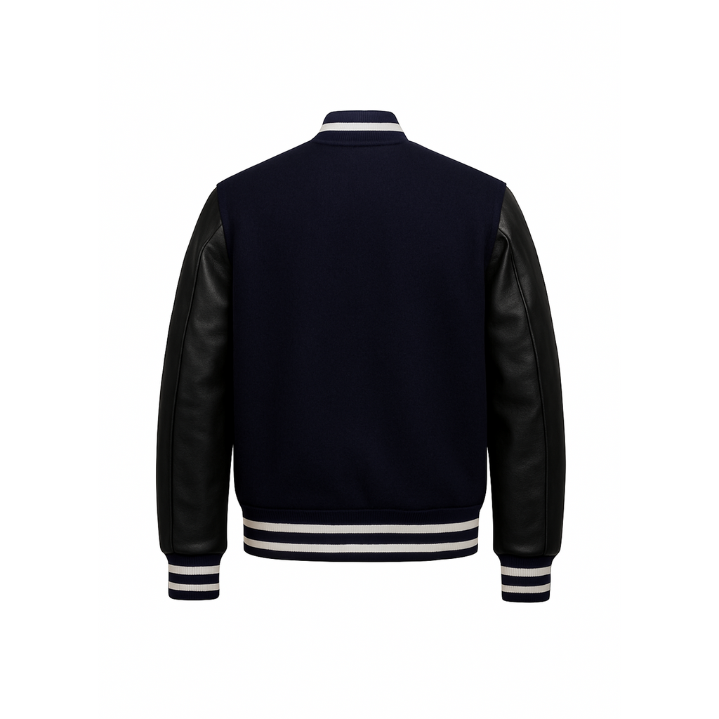 Black varsity jacket with leather sleeves on a white background