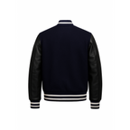 Black varsity jacket with leather sleeves on a white background