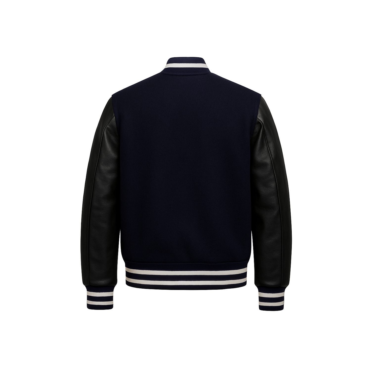 Black varsity jacket with leather sleeves on a white background
