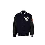 Black varsity jacket with a logo on the chest and arm, on a white background