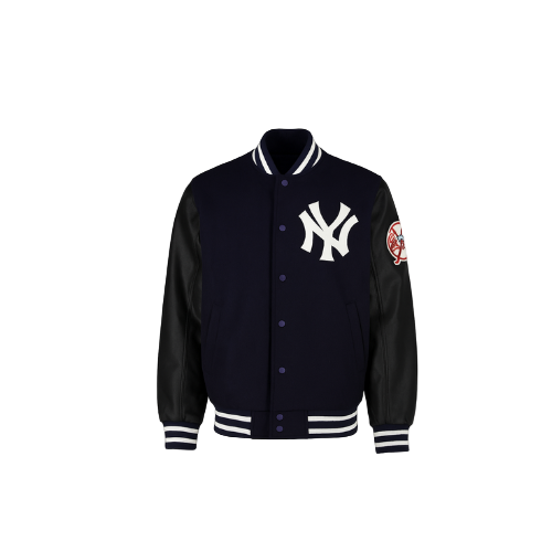Black varsity jacket with a logo on the chest and arm, on a white background