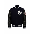 Black varsity jacket with a logo on a white background