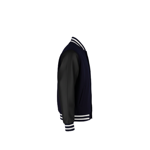 Black and navy varsity jacket with white stripes on a white background