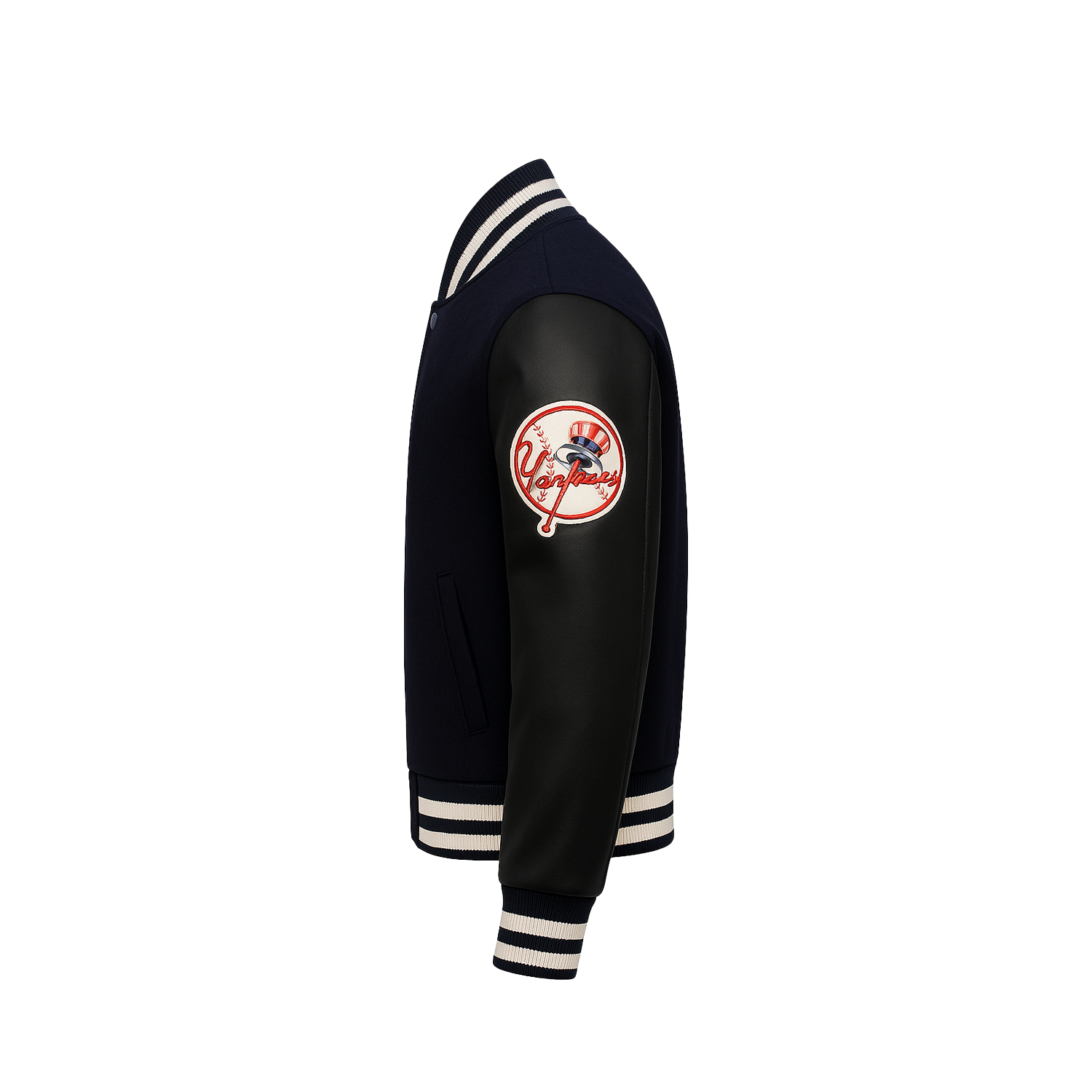 Black varsity jacket with a logo on the sleeve against a white background