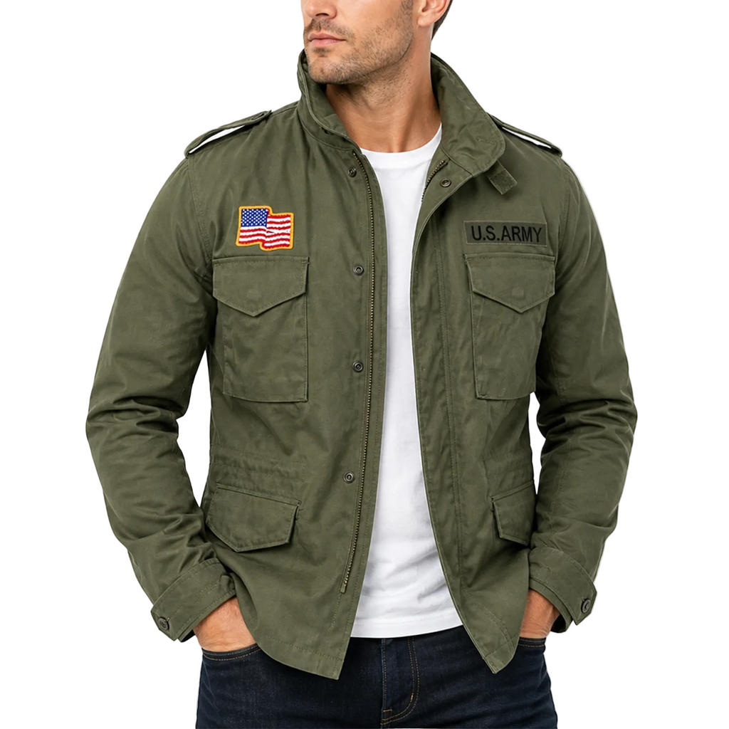 Green U.S. Army jacket with American flag patch on a white background