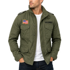 Green U.S. Army jacket with American flag patch on a white background