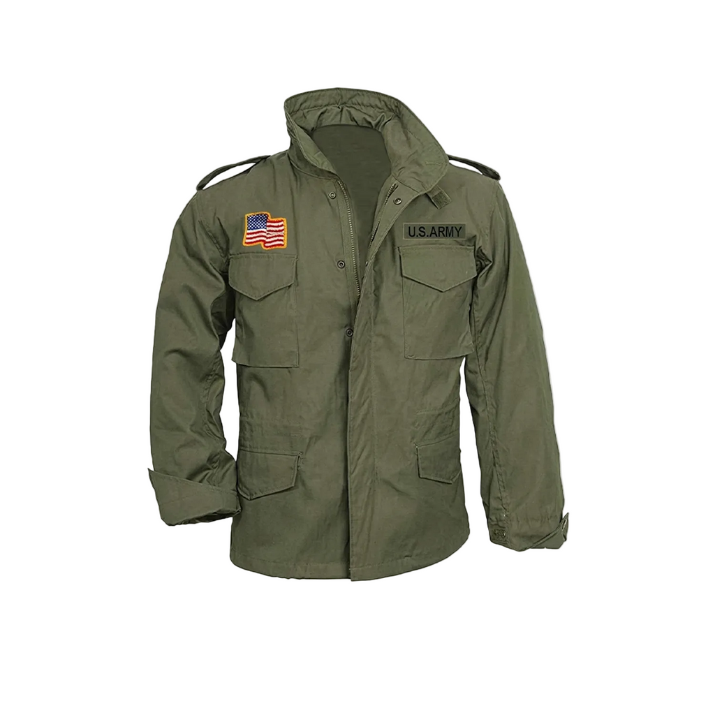 Green military jacket with U.S. Army patch on a white background