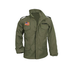 Green military jacket with U.S. Army patch on a white background