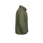 Green jacket with patches on a white background